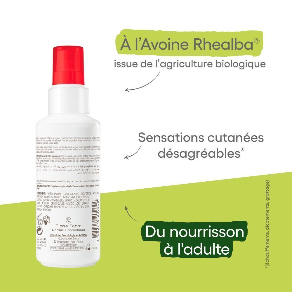 Dos du spray A-Derma Cutalgan. Texte: Avoine Rhealba. Pour bébés et adultes.