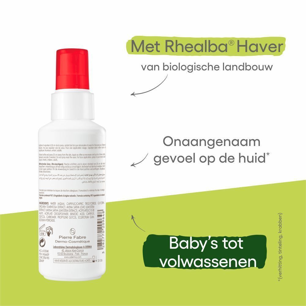 Achterkant A-Derma Cutalgan spray. Tekst: Avoine Rhealba. Voor baby's en volwassenen.