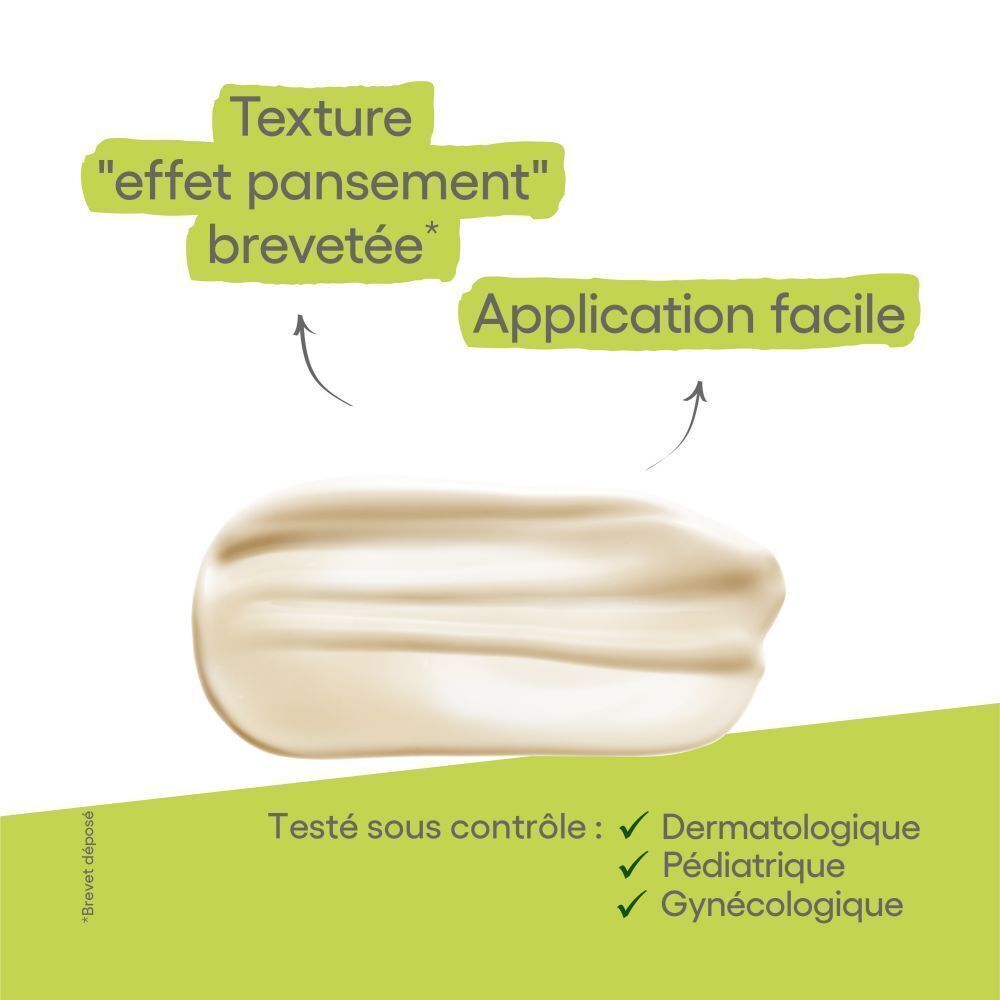 Échantillon de produit. Texture crème. Testé sous contrôle dermatologique, pédiatrique et gynécologique.