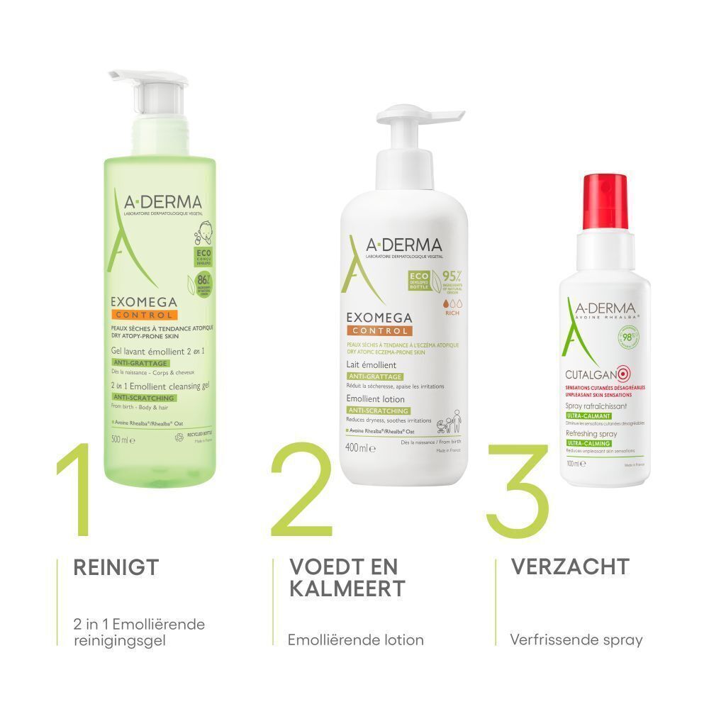 Drie A-Derma producten: Reinigen, Voeden en Verzachten. Cutalgan spray.