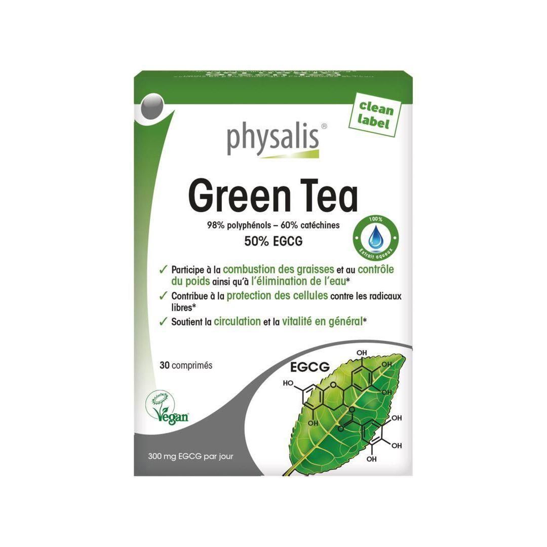 Boîte de Physalis® Green Tea. Contient 30 comprimés. Informations sur les polyphénols, catéchines et EGCG. Vegan.