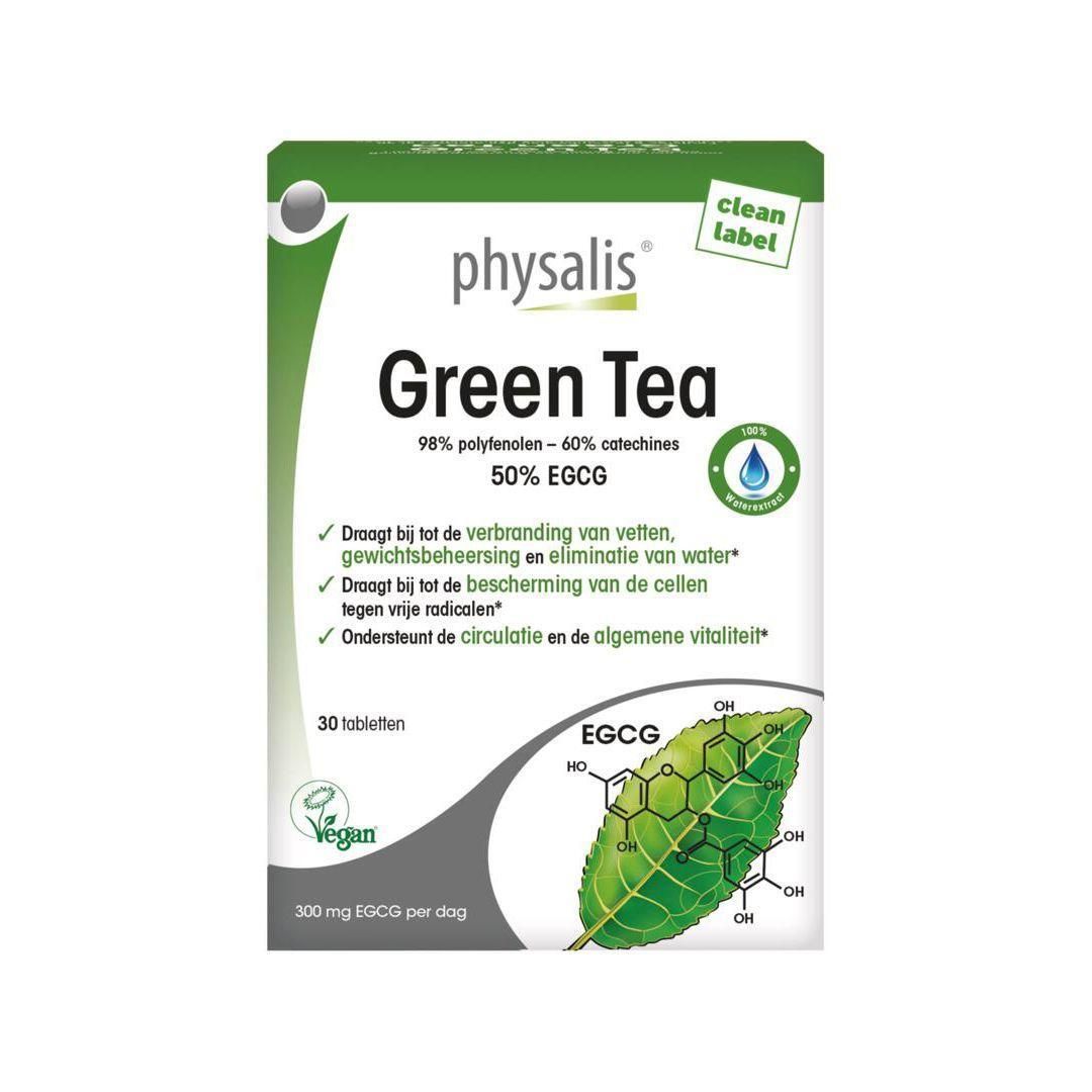 Doosje Physalis® Green Tea. Bevat 30 tabletten. Informatie over polyfenolen, catechinen en EGCG. Vegan.