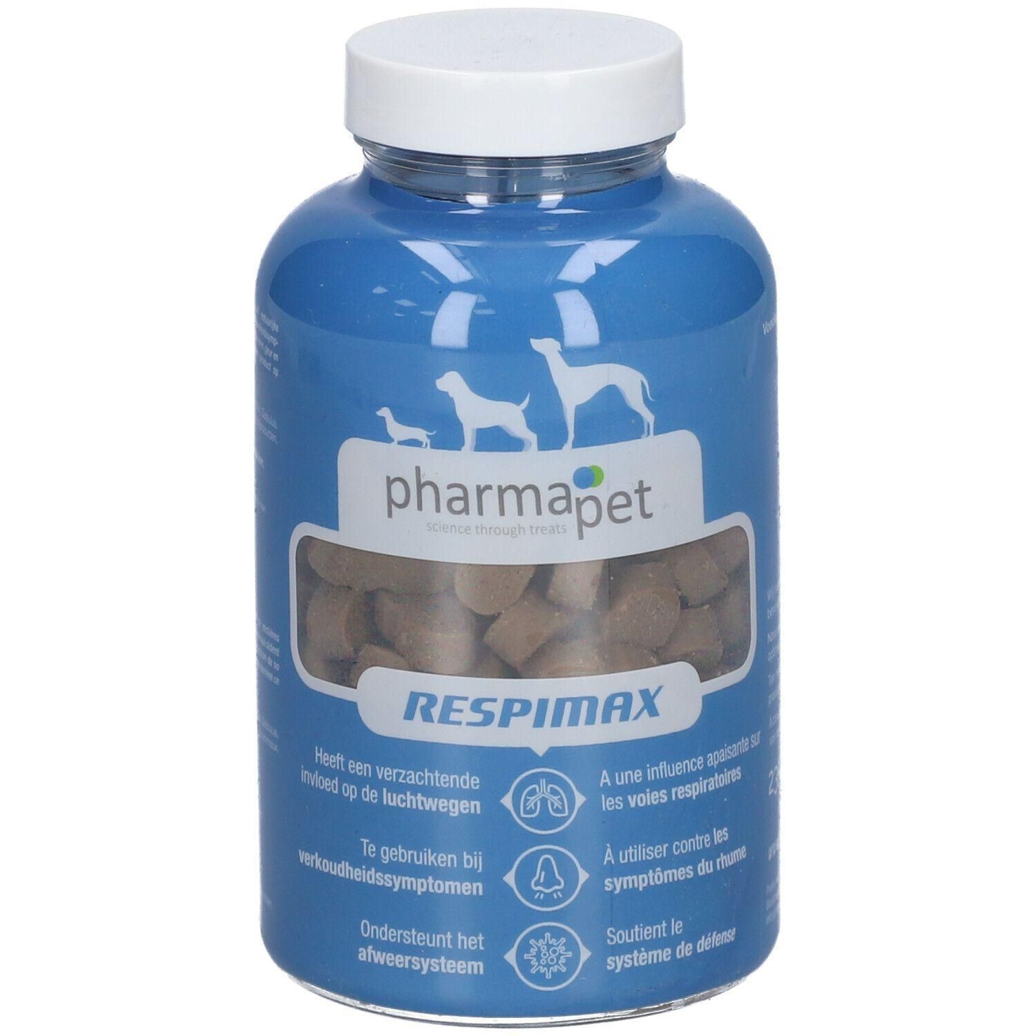 Blauwe fles met witte dop. Bevat bruine tabletten. Opschrift: Pharma Pet Respimax. Afbeeldingen van honden.