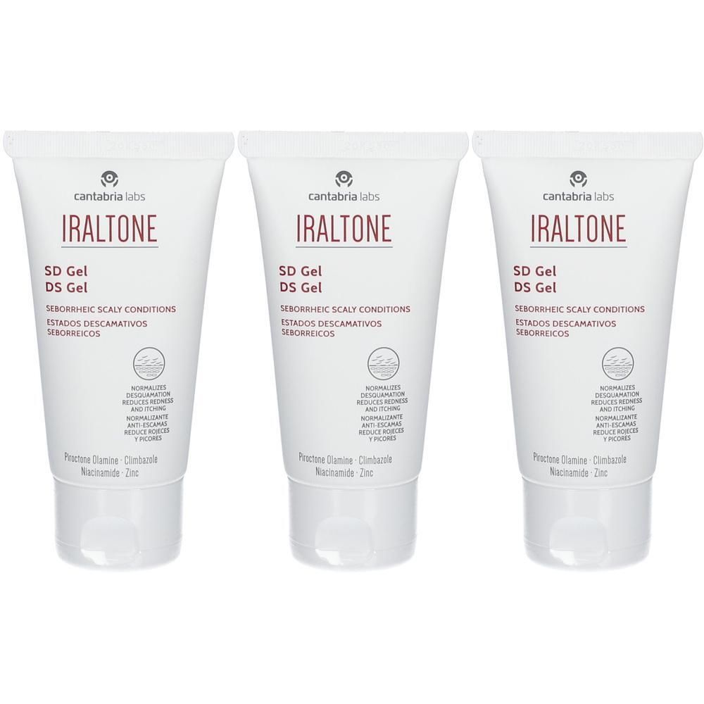 Trois tubes blancs avec l'inscription "IRALTONE SD Gel". Texte en rouge et noir. Fermeture angulaire.