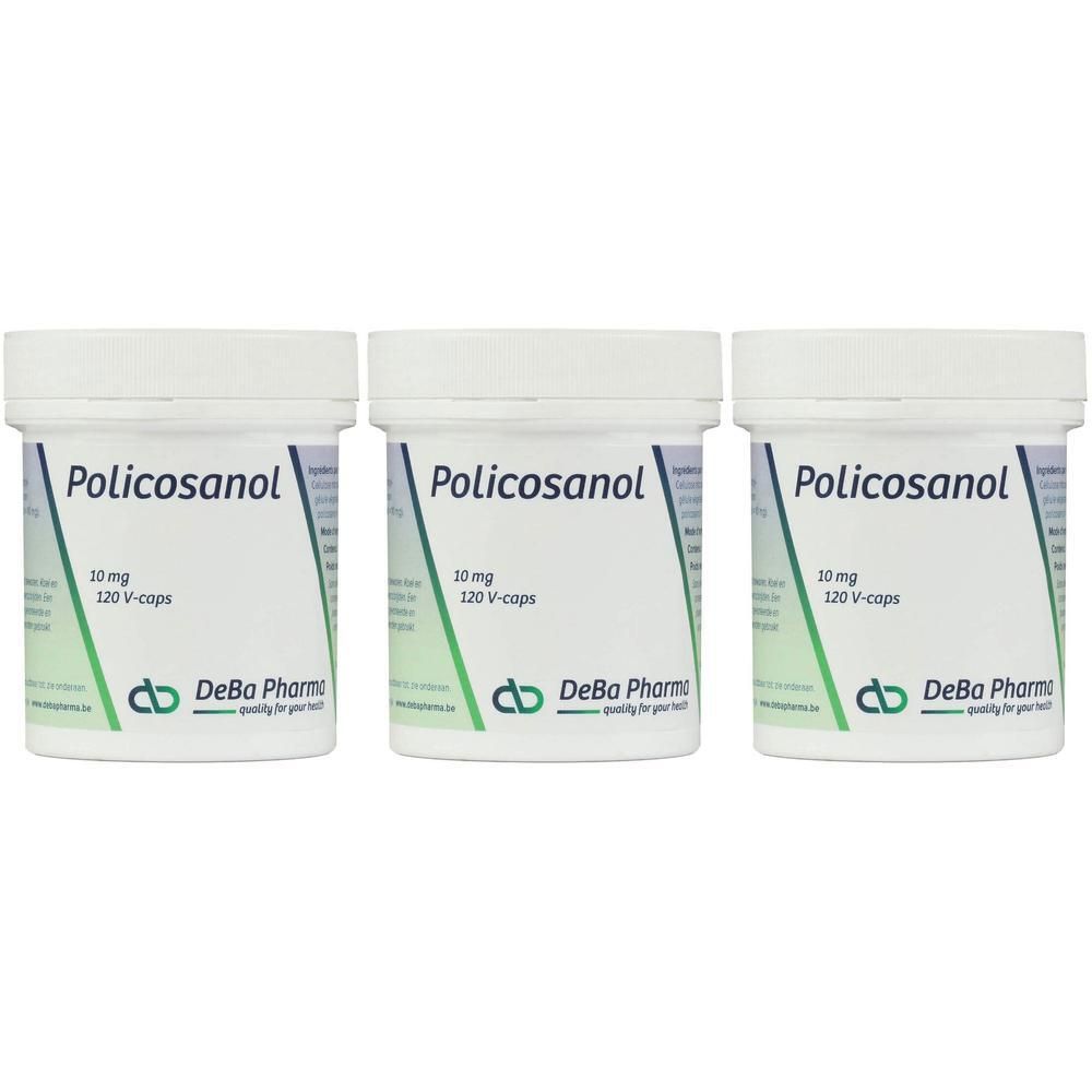 Trois boîtes blanches avec "Policosanol". Inscription: 10 mg, 120 V-caps. Marque: DeBa Pharm.