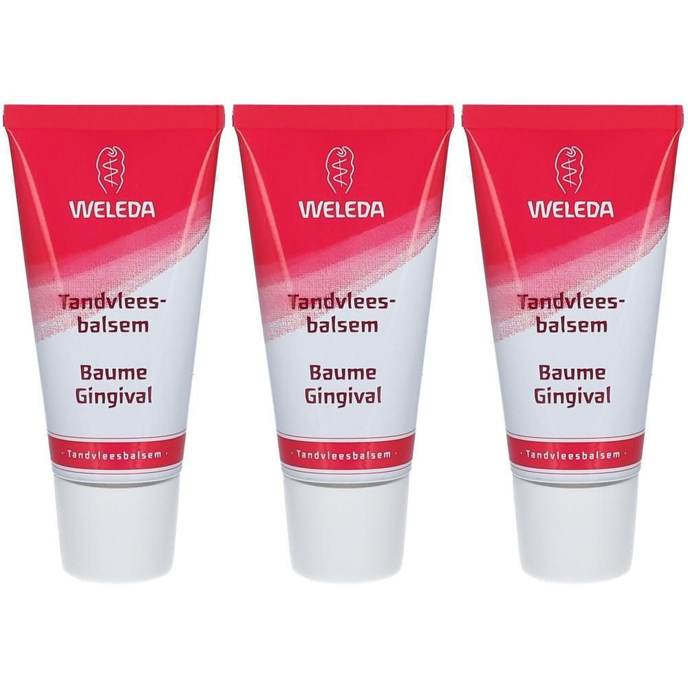 Drie tubes met rode dop en witte body. Opschrift: WELEDA, Tandvleesbalsem, Baume Gingival.