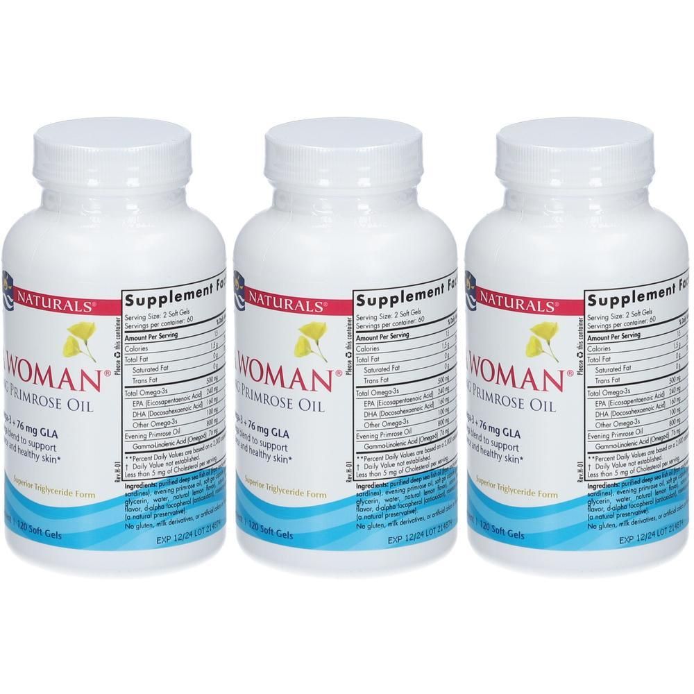 Drie witte flessen met etiketten. Op de etiketten staat 'WOMAN PRIMROSE OIL' en 'Supplement Facts'. De flessen hebben witte doppen.