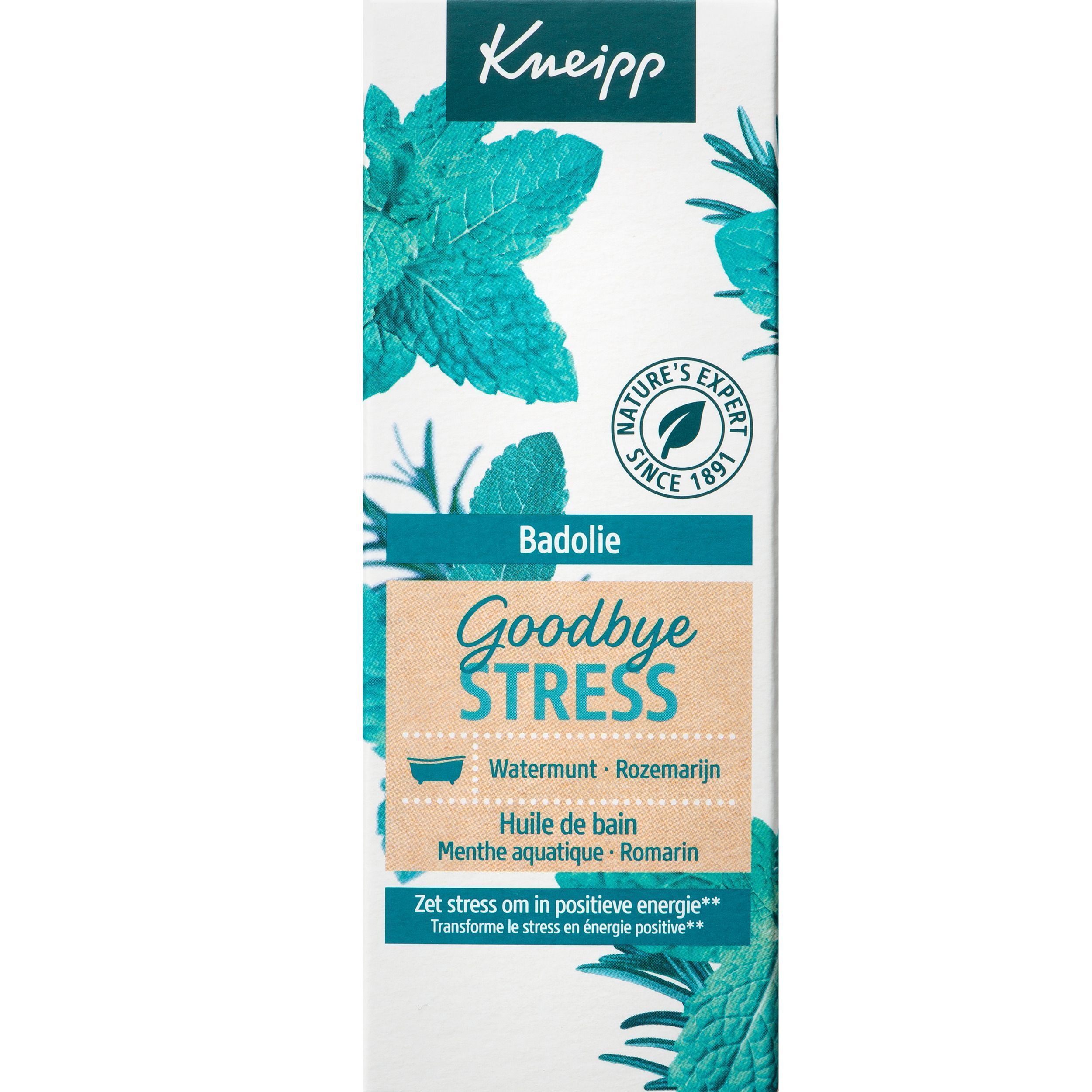 Verpakking van Kneipp Goodbye Stress Badolie. Wit, met logo, productnaam en illustraties van kruiden. Tekst in het Duits, Nederlands en Frans.