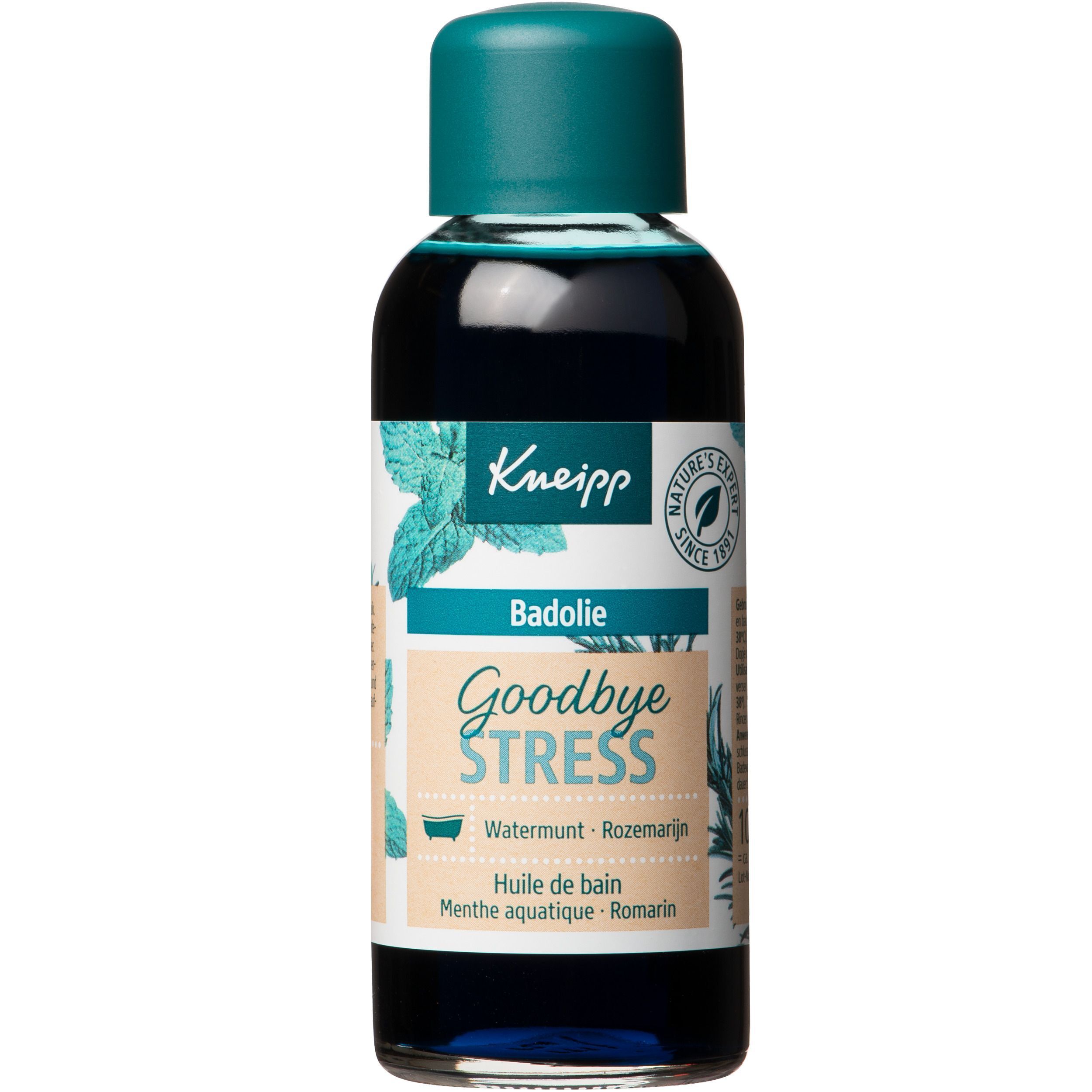 Flacon de Kneipp Goodbye Stress Huile de Bain. Liquide bleu, bouchon vert. Logo et nom du produit sur l'étiquette. Illustrations d'herbes.
