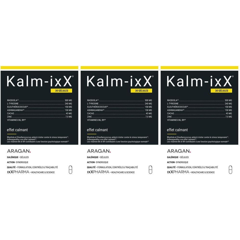 Trois boîtes de Kalm-ixX, 30 gélules. Emballage noir avec accents blancs et jaunes. Liste des ingrédients.