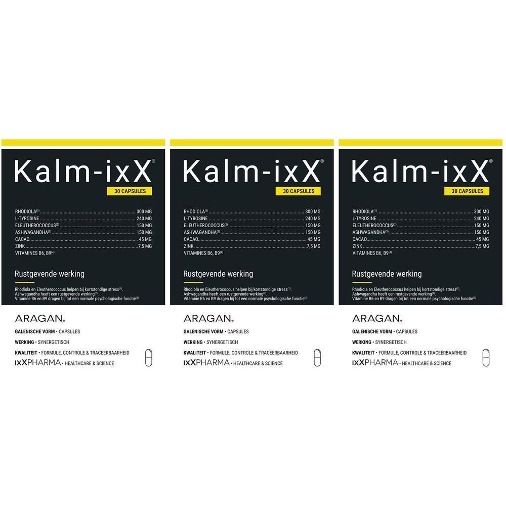 Drie verpakkingen Kalm-ixX, 30 capsules. Zwarte verpakking met witte en gele accenten. Bevat ingrediëntenlijst.