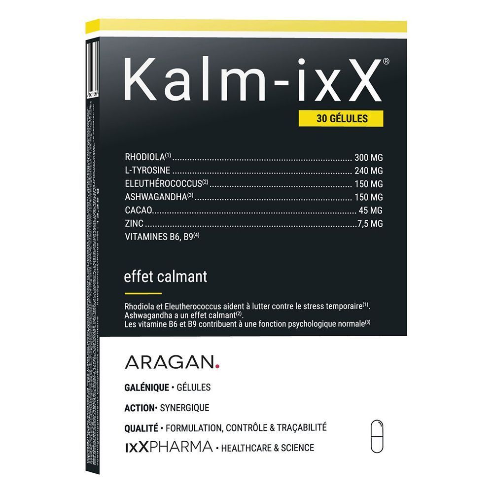 Kalm-ixX, 30 gélules. Emballage noir avec accent jaune. Liste des ingrédients et texte: effet calmant.