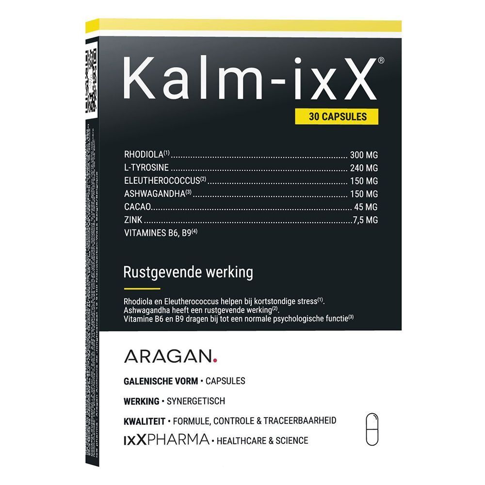 Kalm-ixX, 30 capsules. Zwarte verpakking met gele accenten. Bevat ingrediëntenlijst en tekst: Rustgevende werking.