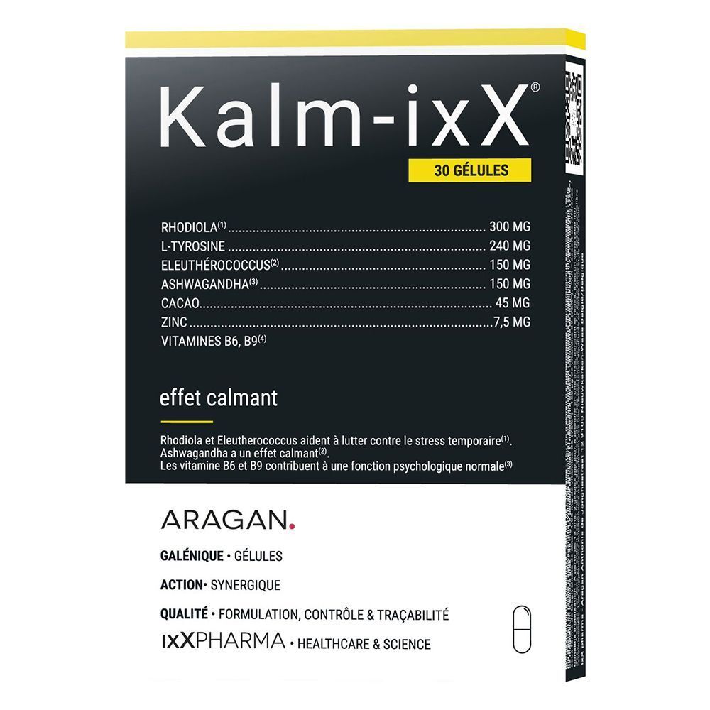 Kalm-ixX, 30 gélules. Emballage noir avec accent jaune. Liste des ingrédients et texte: effet calmant.