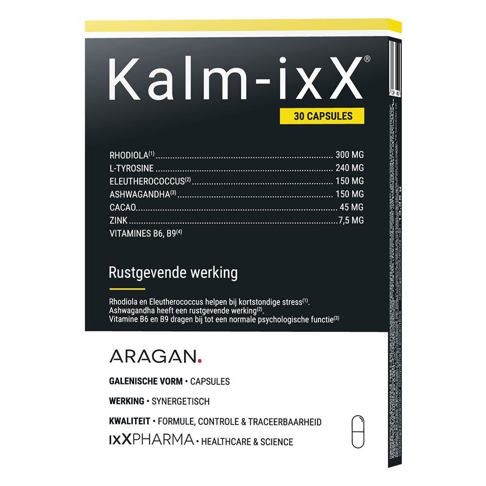 Kalm-ixX, 30 capsules. Zwarte verpakking met gele accenten. Bevat ingrediëntenlijst en tekst: Rustgevende werking.