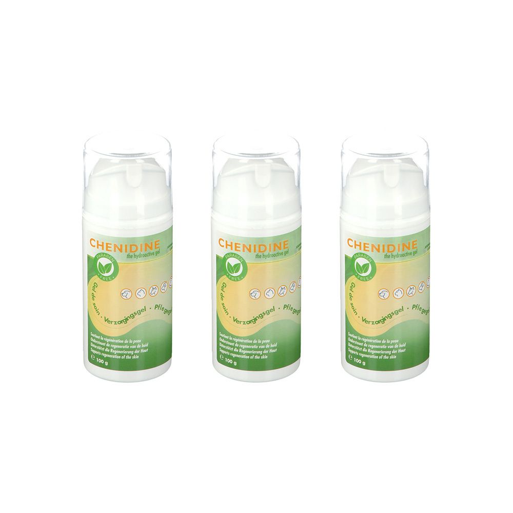 Drie witte flessen met groen-gele etiketten. Op de etiketten staat "Chenidine".