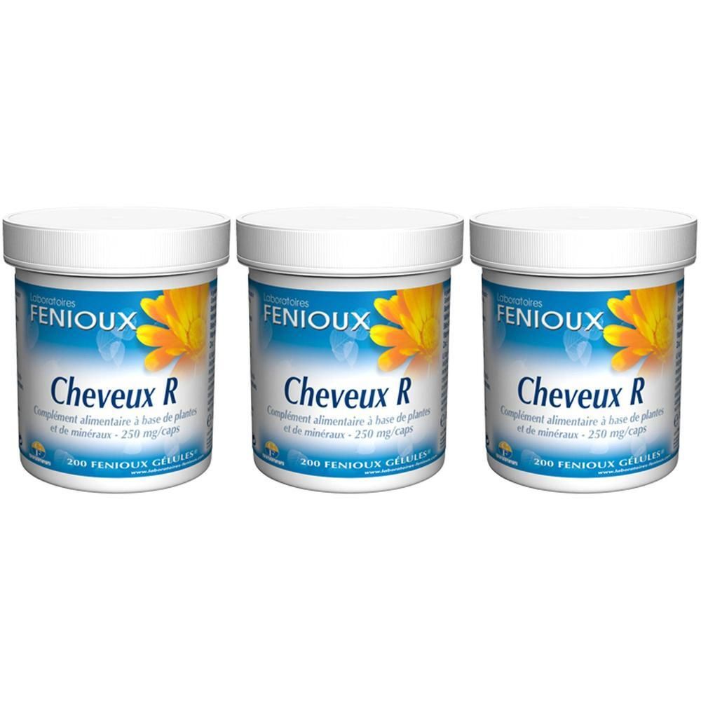 Drie witte potten met geel-blauw etiket. Opschrift: Fenioux Cheveux R. Voedingssupplement voor haar.