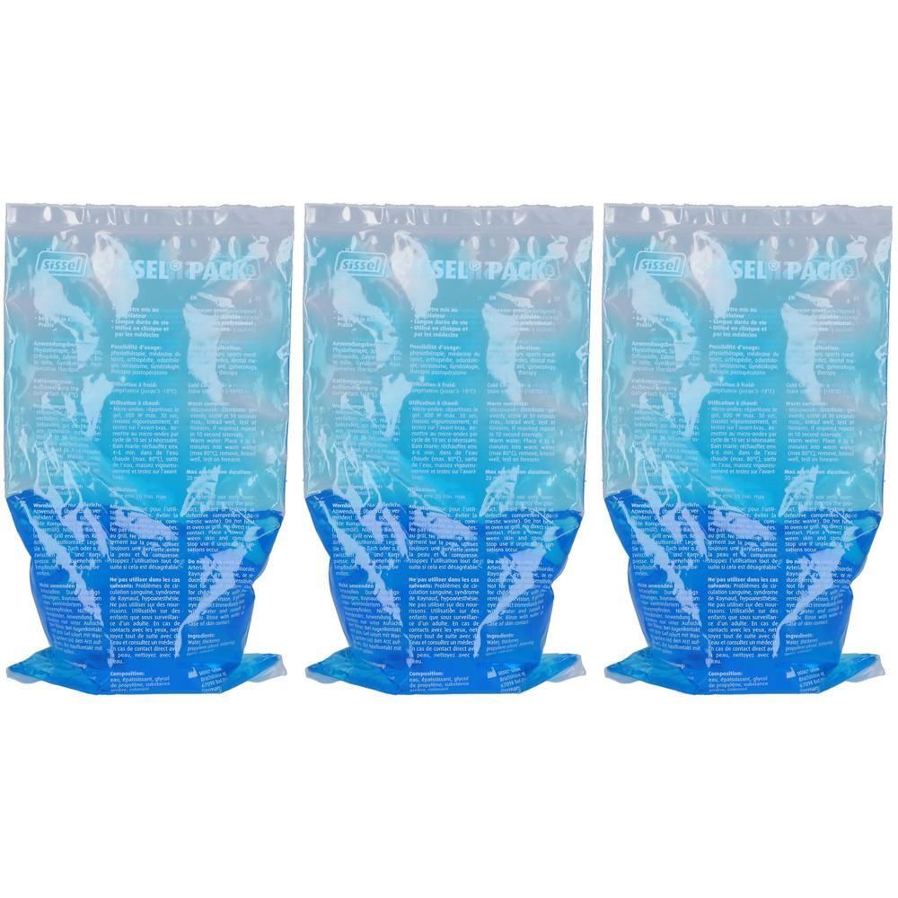 Trois packs de gel transparents. Liquide bleu dans des sachets transparents. Inscription "GEL PACK".