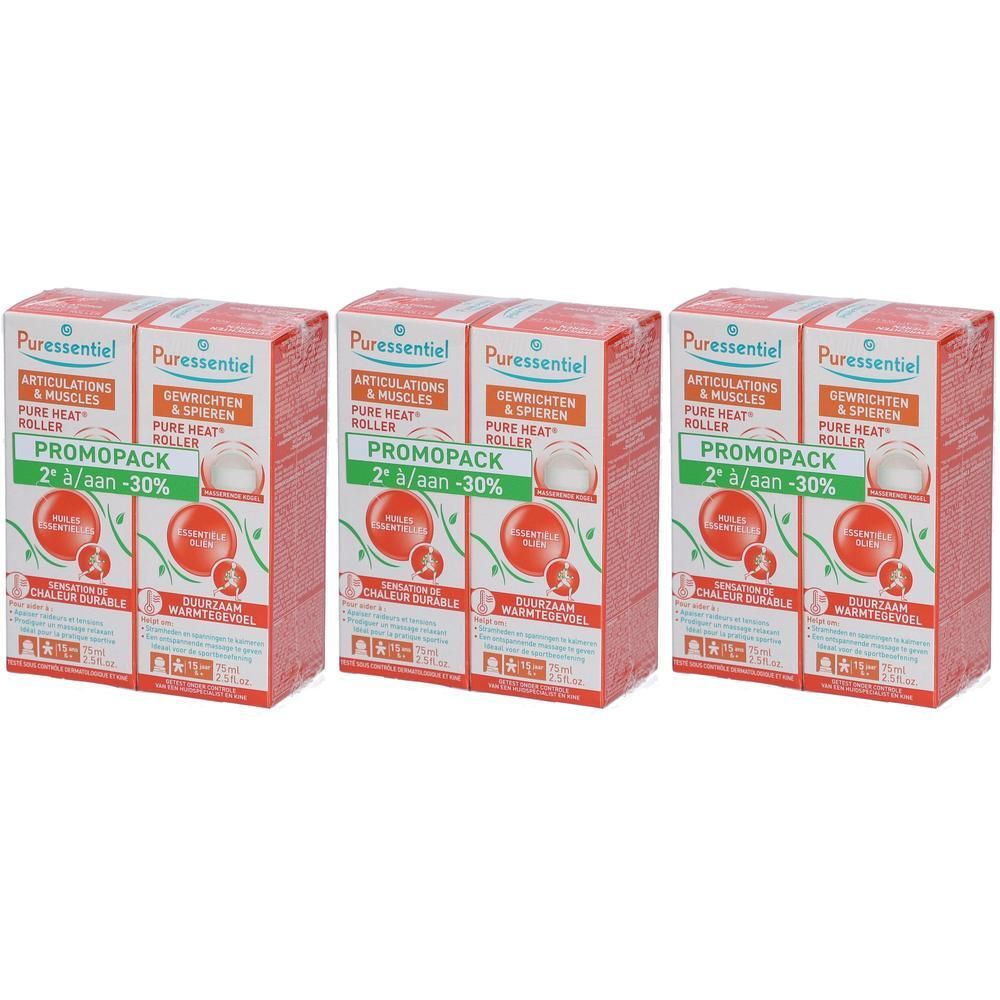 Trois boîtes Puressentiel. Chaque boîte affiche "Articulations & Muscles Pure Heat Roller" et "Promopack 2 à/aan-30%".
