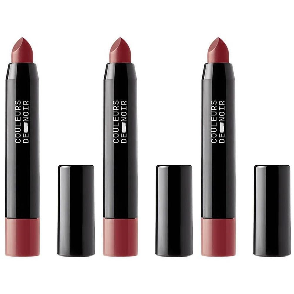 Drie zwarte lippenbalsemstiften met rode basis. Doppen verwijderd. Opschrift: Couleurs de Noir.