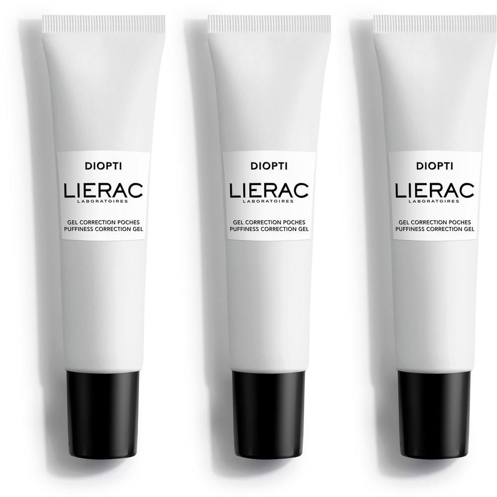 Drie tubes LIERAC Diopti gel. Witte tubes met zwarte dop. Opschrift: DIOPTI, LIERAC, Gel Correction Poches.