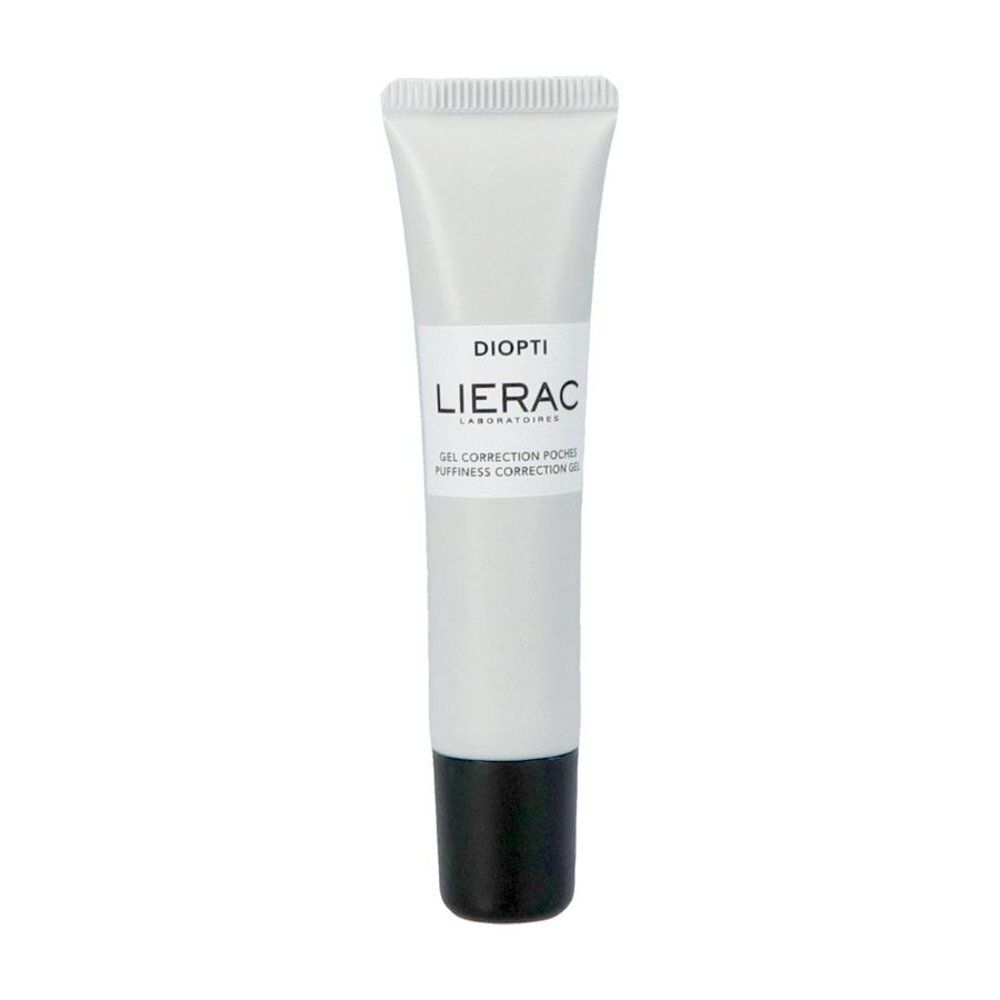 Een tube LIERAC Diopti gel. Witte tube met zwarte dop. Opschrift: DIOPTI, LIERAC, Gel Correction Poches.