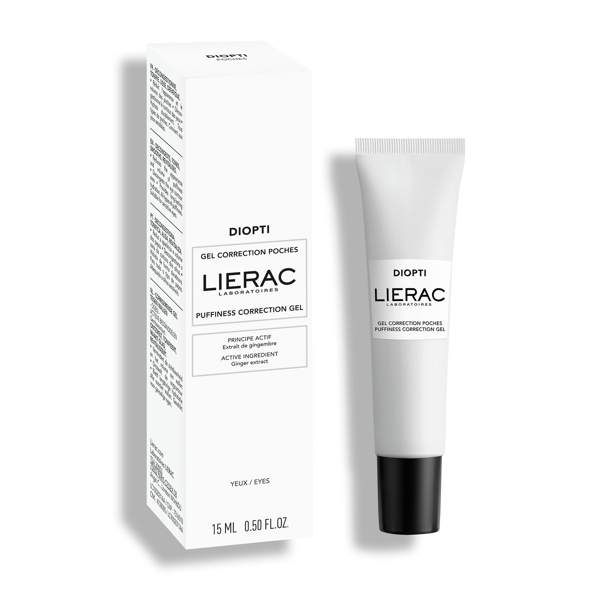 LIERAC Diopti Gel avec emballage. Tube et boîte blancs. Inscription : DIOPTI, LIERAC, Gel Correction Poches. 15 ml.