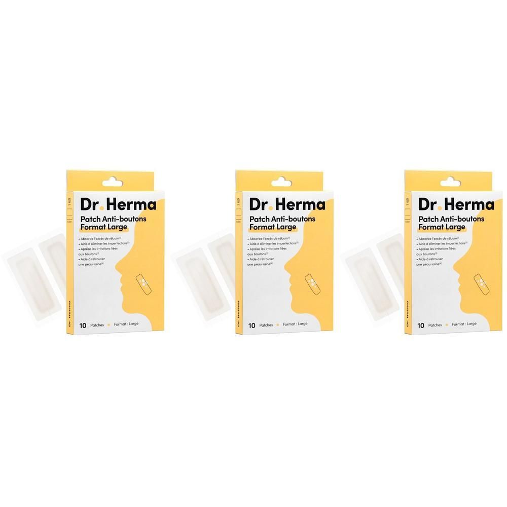 Trois boîtes de Dr. Herma Patch Anti-boutons Format Large. Chaque boîte contient 10 patchs. Des patchs individuels sont à côté.