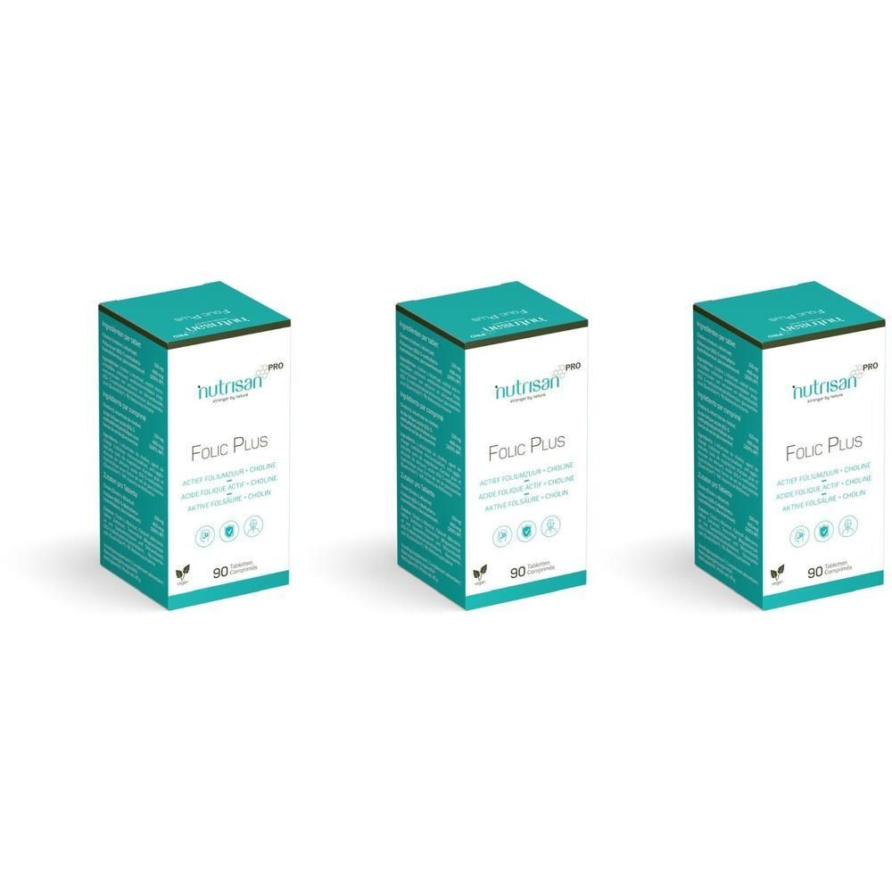 Drie dozen Nutrisan Folic Plus. Turquoise en witte verpakking met productnaam en logo. 90 tabletten.