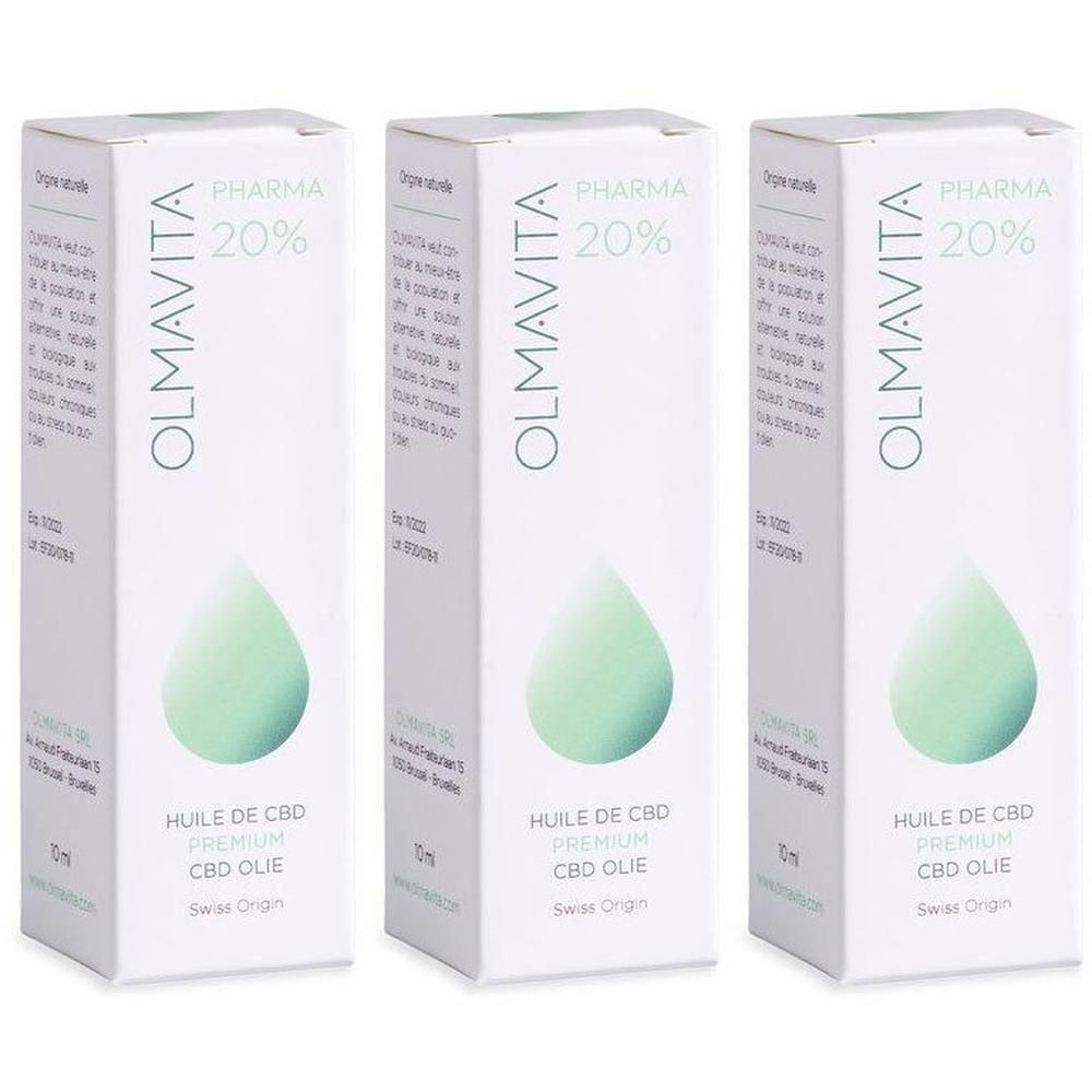 Trois boîtes blanches. Logo Olmavita Pharma 20%. Illustration goutte verte. Texte: Huile de CBD Premium, CBD Olie, Swiss Origin.