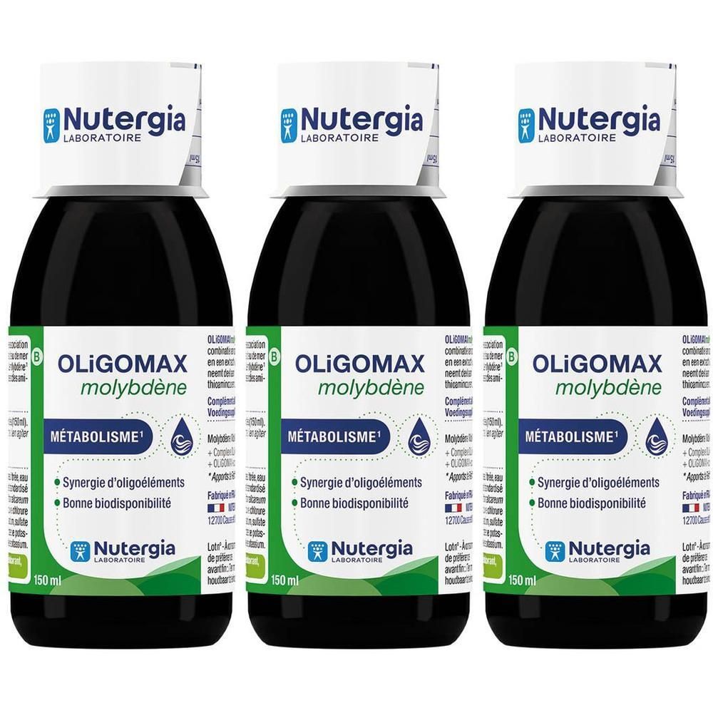 Trois flacons de Nutergia Oligomax Molybdène. Liquide noir dans des flacons en verre avec étiquette blanche. Inscription : Oligomax Molybdène, 150 ml.