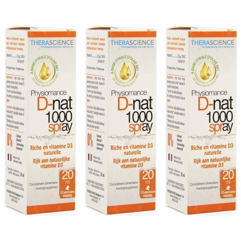 Trois boîtes identiques. Inscription : Physiomance D-nat 1000 spray, riche en vitamine D3 naturelle. Marque : Therascience. 20 ml.