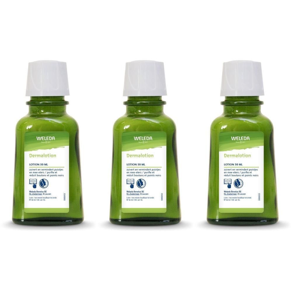 Drie groene flessen met witte dop. Labels: "WELEDA Dermalotion".