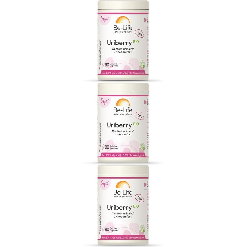 Drie witte potten Uriberry Bio. Opschrift: Be-Life, 90 capsules. Met bio-label.