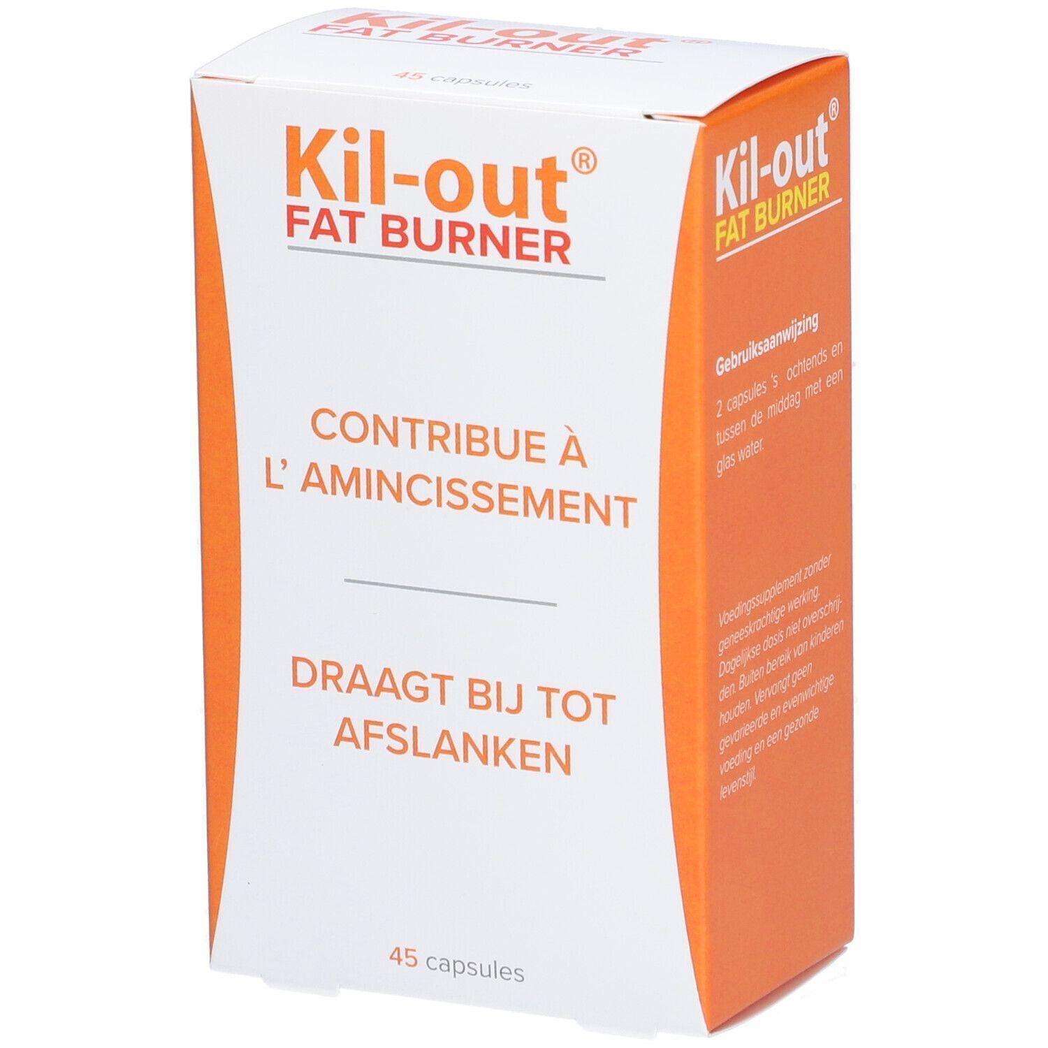 Verpakking van Kil-out® Fat Burner. Opschrift: Contribue à l'amincissement. Bevat 45 capsules.