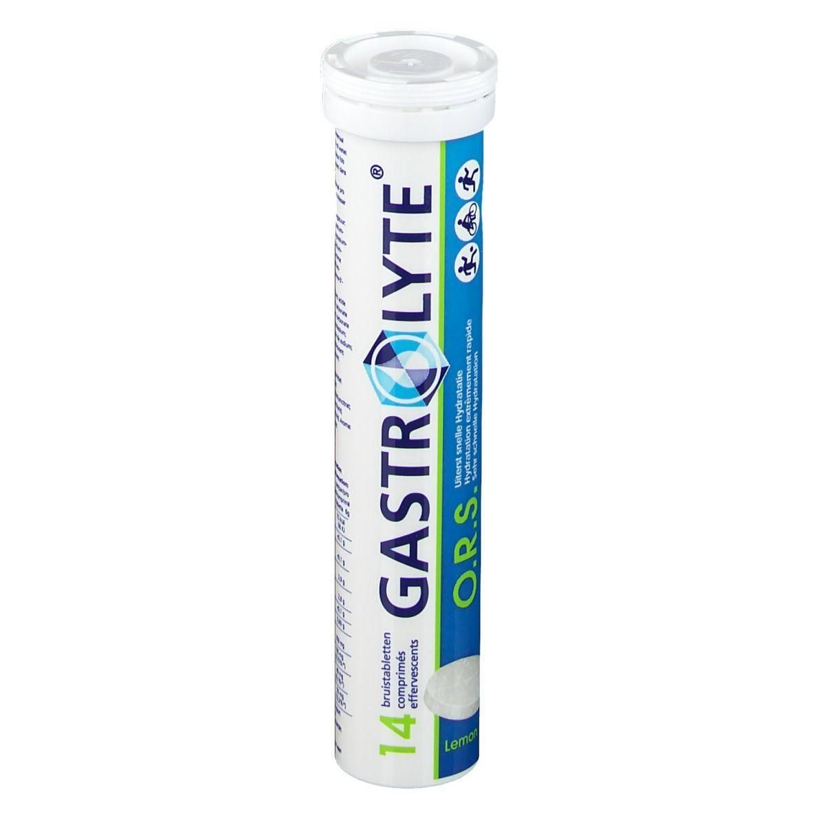 Tube de comprimés effervescents GASTROLYTE O.R.S. 14 comprimés. Emballage cylindrique blanc et bleu, avec logo et texte.
