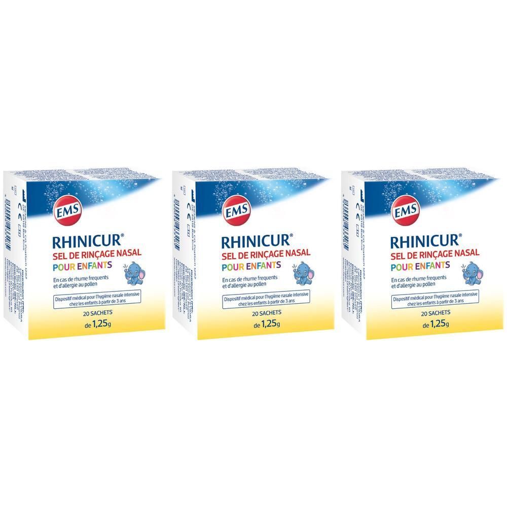 Trois boîtes Rhinicur Sel de Rinçage Nasal Pour Enfants. Emballage bleu et jaune, logo et texte.
