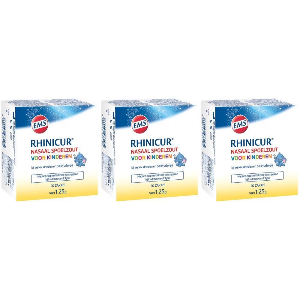 Drie dozen Rhinicur Nasaal Spoelzout Voor Kinderen. Blauwe en gele verpakking met logo en tekst.