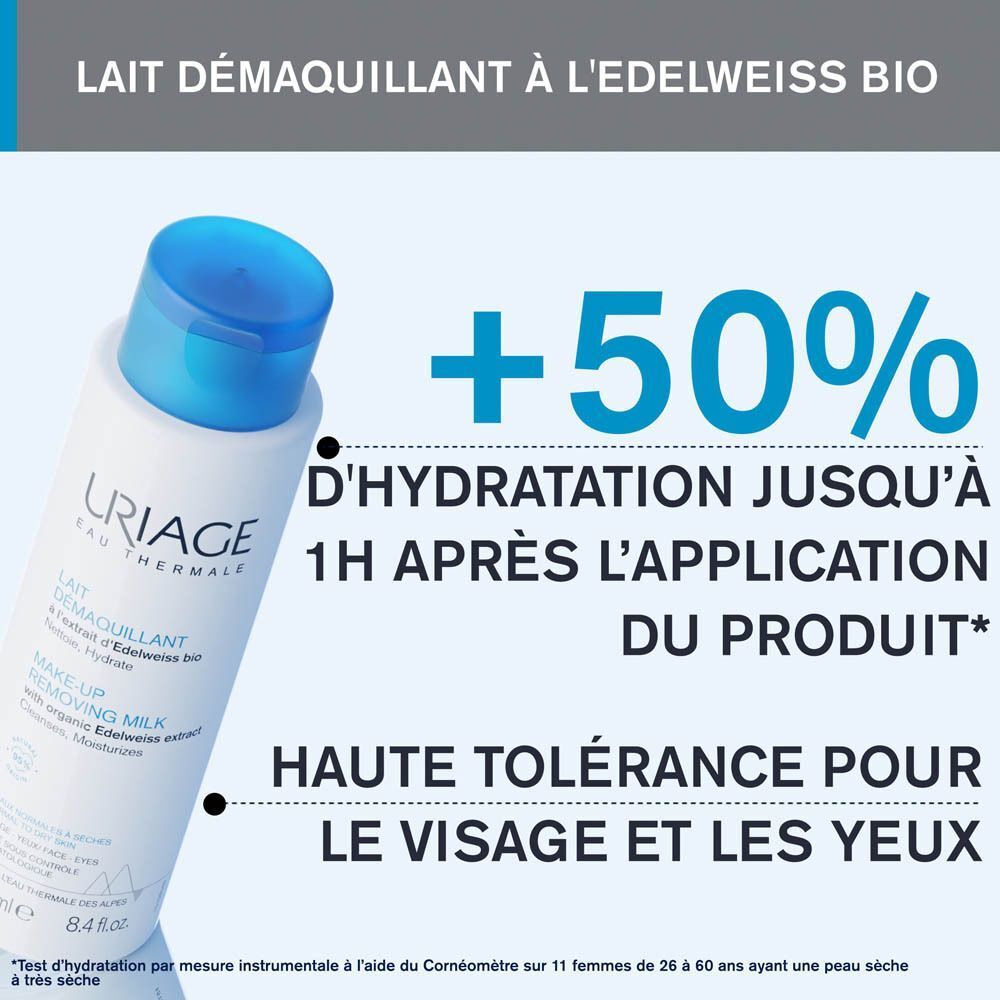 Flacon de Lait Démaquillant Uriage. Texte: +50% Hydratation, Haute tolérance pour le visage et les yeux.