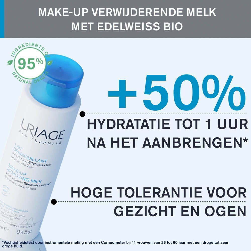 Fles Uriage Lait Démaquillant. Tekst: +50% Hydratatie tot 1 uur na het aanbrengen, Hoge tolerantie voor gezicht en ogen.