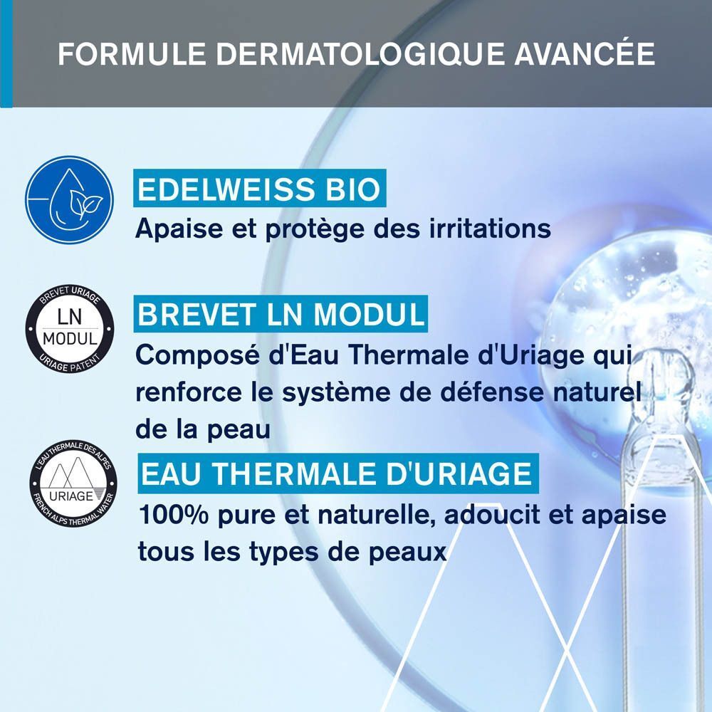 Graphique avec texte: Edelweiss Bio, Brevet LN Modul, Eau Thermale d'Uriage. Illustration d'une ampoule.