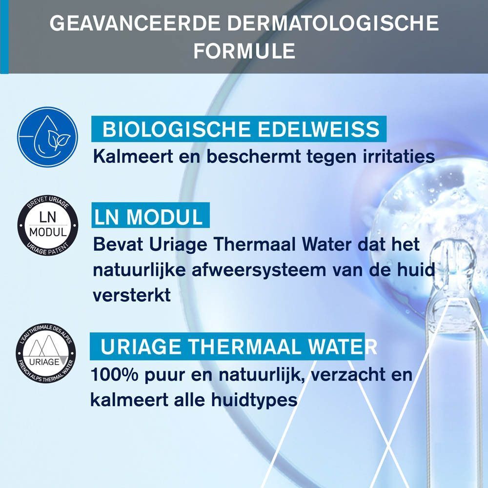 Grafiek met tekst: Biologische Edelweiss, LN Modul, Uriage Thermaal Water. Illustratie van een ampul.