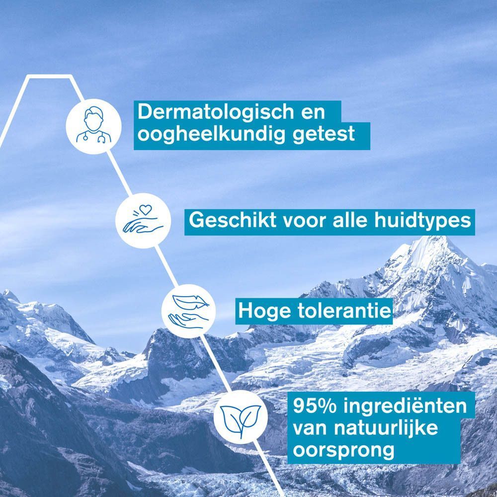 Grafiek met tekst: Dermatologisch en oogheelkundig getest, Geschikt voor alle huidtypes.