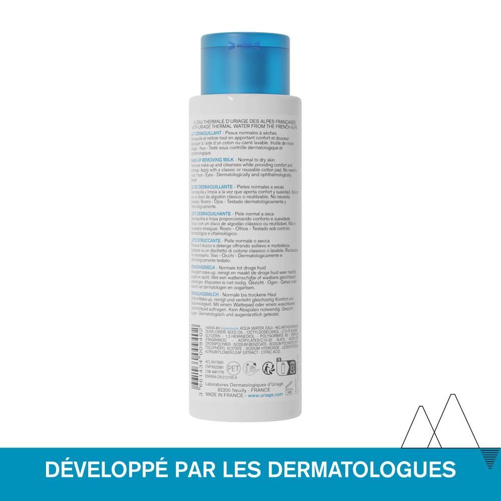 Dos d'un flacon de Lait Démaquillant Uriage. Texte: Développé par les dermatologues.