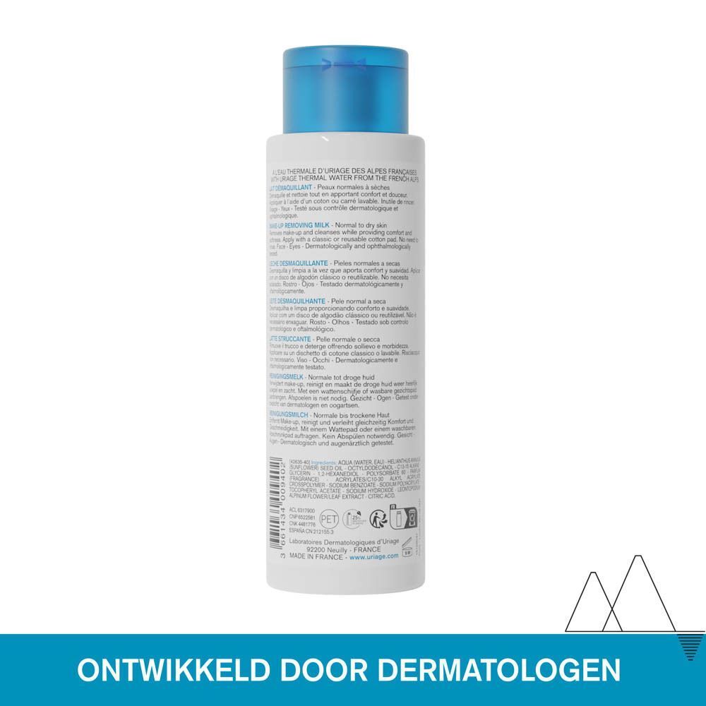 Achterkant van een fles Uriage Lait Démaquillant. Tekst: Ontwikkeld door dermatologen.