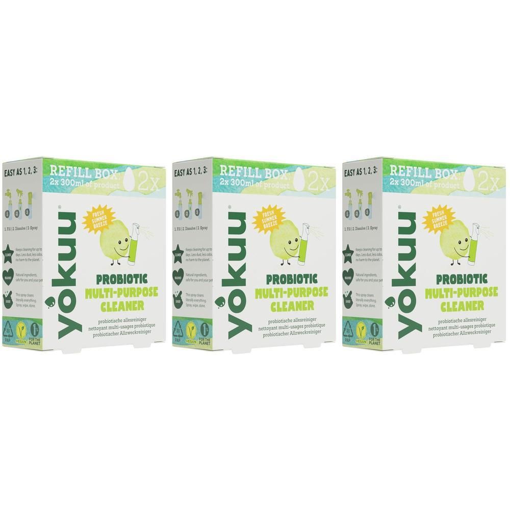 Drie witte dozen met de tekst "yokuu PROBIOTIC MULTI-PURPOSE CLEANER". Opschrift "REFILL BOX 2x 300ml".