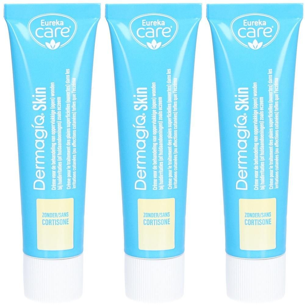 Drie blauwe tubes met witte dop. Op elke tube staat "Dermagiq Skin" en "Eureka Care". Tekst in meerdere talen.
