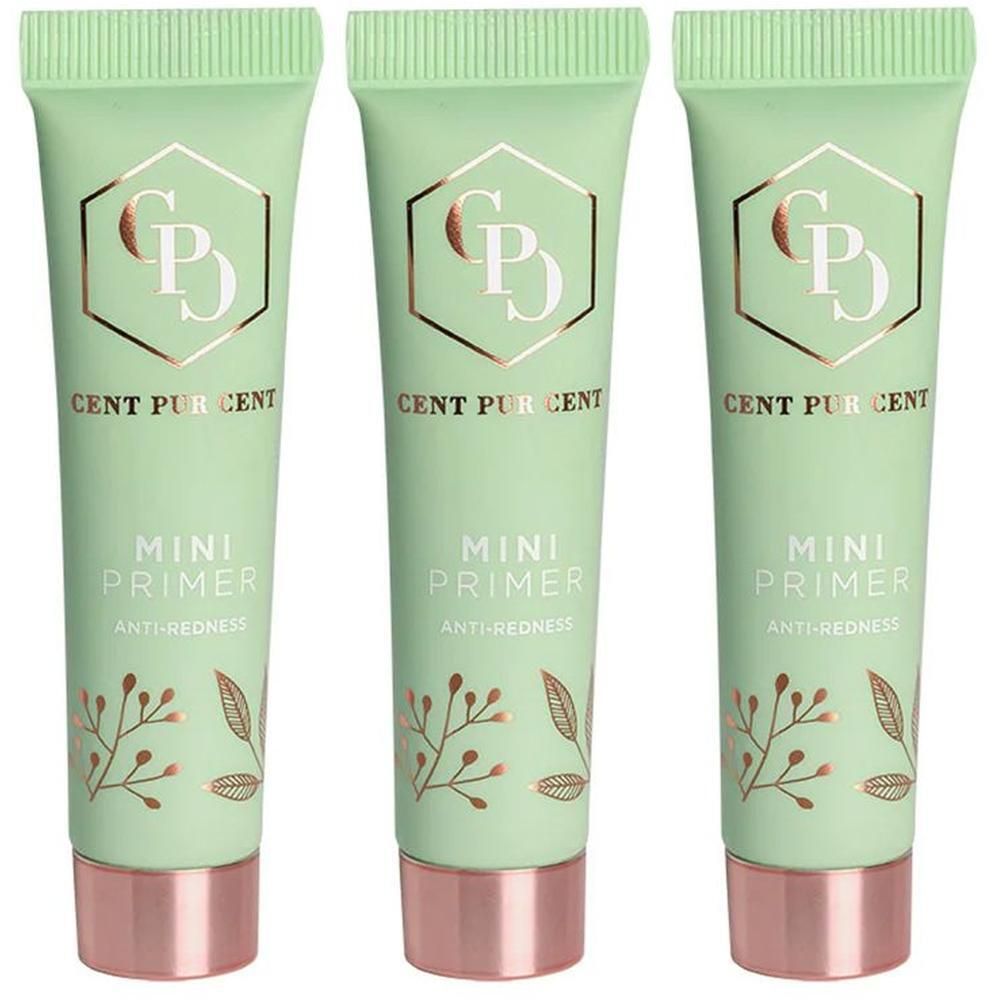 Trois tubes verts avec des bouchons roses. Chaque tube porte l'inscription "CENT PUR CENT MINI PRIMER ANTI-REDNESS".