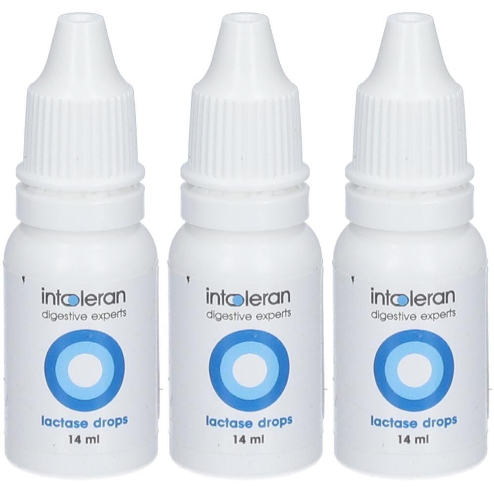 Trois flacons blancs avec bouchon à vis. Chaque flacon porte l'inscription "intoleran digestive experts" et "lactase drops 14 ml".