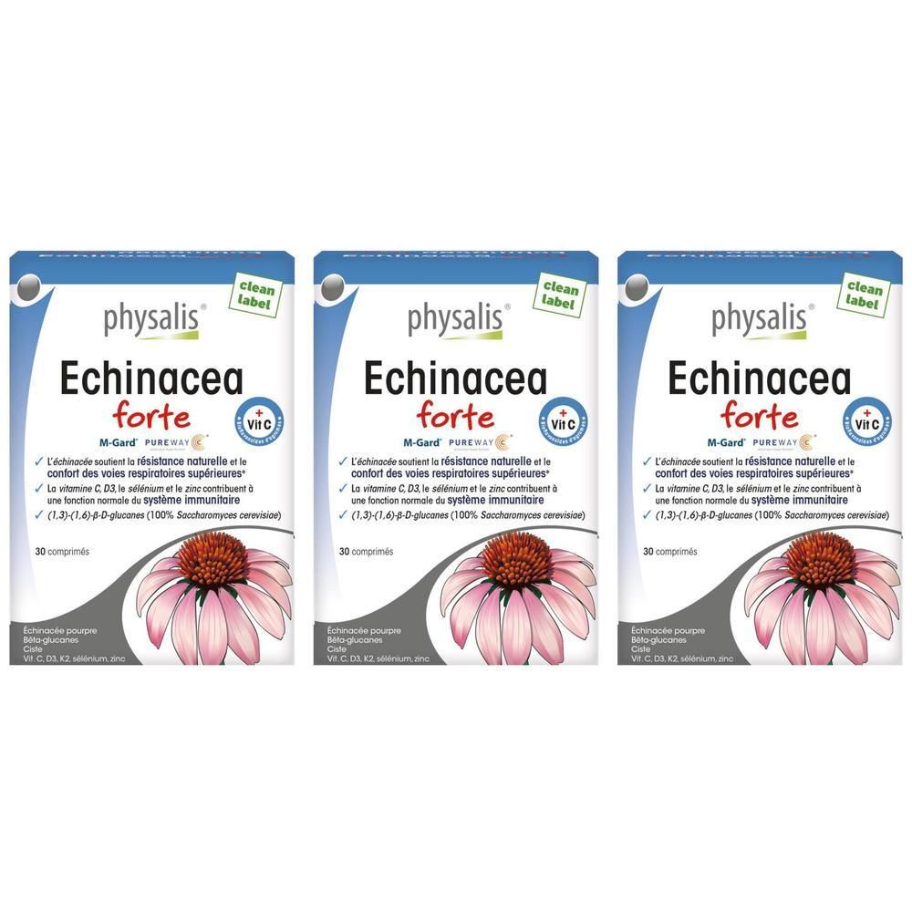 Trois boîtes de Physalis Echinacea Forte. Le nom du produit et une image de fleur sont visibles sur chaque boîte.